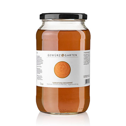 Gewürzgarten Consommé de tomates, prêt à cuire 1:1, 1 l - Consommé de tomates à base de bouillon de bœuf, assaisonné de tomates pelées, de blanc d'œuf clarifié et de basilic, chauffé avec précaution et passé, idéal en entrée avec des boulettes de mozzarella