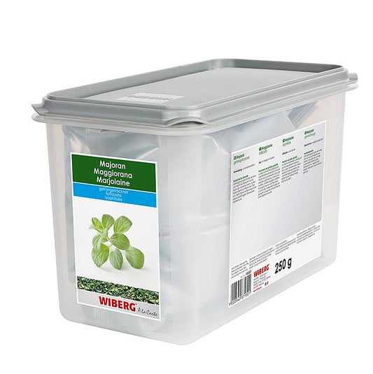 Marjolaine lyophilisée de Wiberg, 250 g, au goût aromatique et fruité typiquement épicé, idéale pour les salades, les soupes, les sauces, la viande, la volaille, le gibier, les plats à base d'œufs, les légumes secs et les légumes.