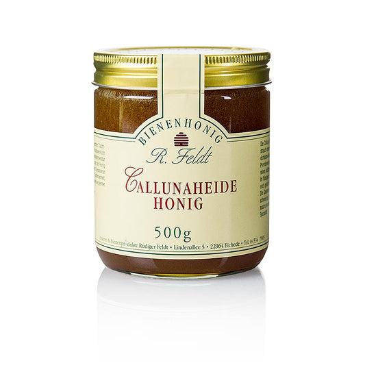 Pot de miel contenant 500 grammes de miel de bruyère calluna brun rougeâtre et crémeux, à l'arôme puissant.