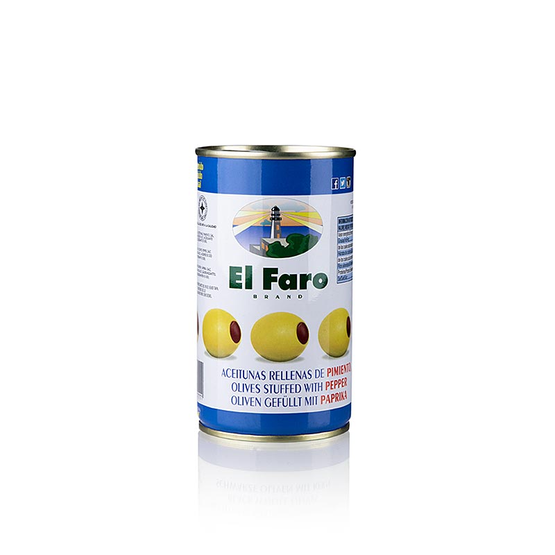 Olives vertes Manzanilla farcies à la pâte de poivron, en saumure, El Faro 350 g