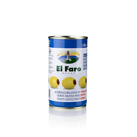 Olives vertes Manzanilla farcies à la pâte de poivron, en saumure, El Faro 350 g