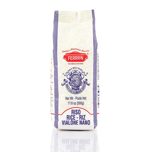 Vialone Nano, Riz à grain rond pour risotto, Ferron, 500 g - riz de qualité supérieure d'Isola della Scala, Vérone, idéal pour des risotti crémeux et des salades de riz