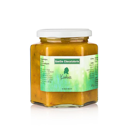 Chutney de potiron de la Chocolaterie Goethe - Finement assaisonné de poivre rose, de jus de pomme, de vinaigre de cidre et d'oignons, il accompagne parfaitement le fromage de chèvre.