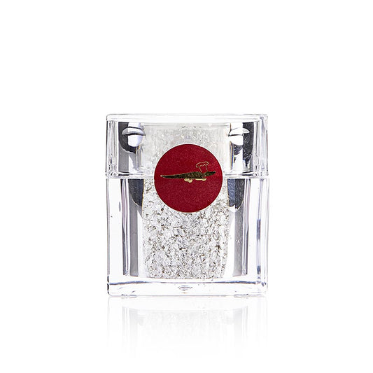 Saupoudreuse de cubes avec paillettes d'argent en feuille pour la décoration de pralines, pâtisseries et boissons