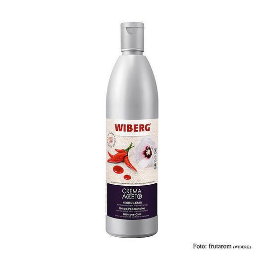 Flacon squeeze 500 ml WIBERG Crema di Aceto Hibiscus-Chili, sans gluten et sans lactose, confère aux plats modernes une fine acidité avec une note supérieure florale et fruitée et un léger piquant de chili, rouge brillant et frais