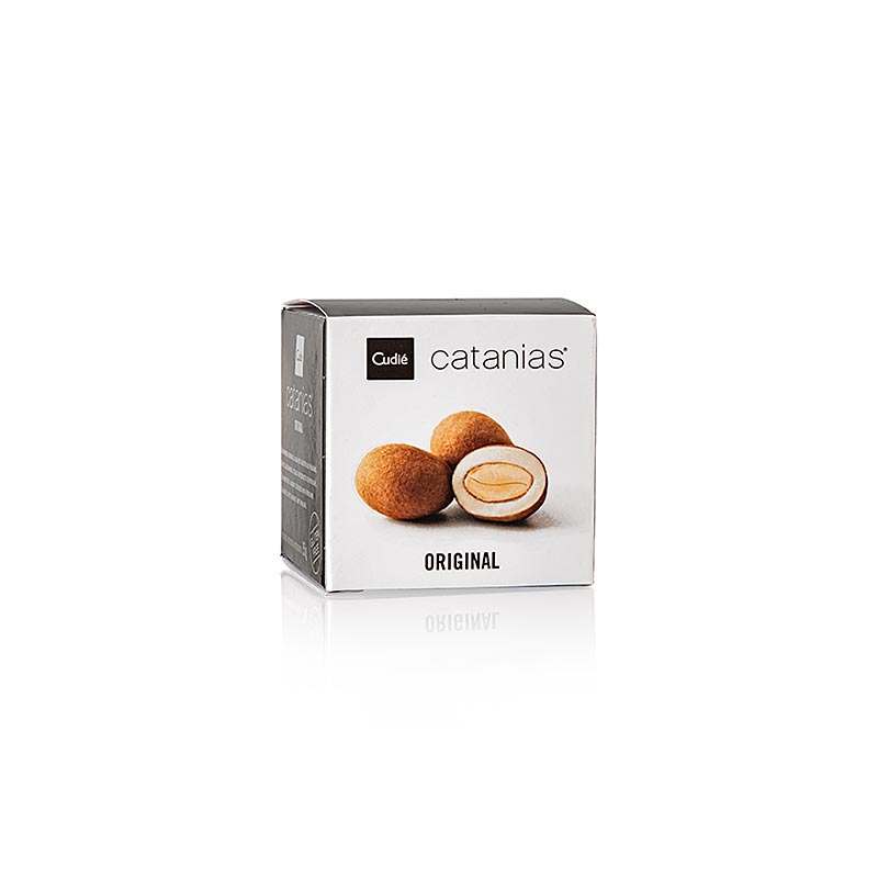 Catànies - amandes espagnoles enrobées de nougat, 35 g : Amandes Marcona caramélisées enrobées d'une fine crème pralinée, saupoudrées de cacao en poudre, de Bombons Cudié, des bonbons au chocolat de haute qualité.
