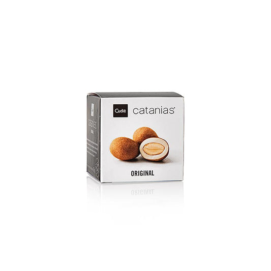 Catànies - amandes espagnoles enrobées de nougat, 35 g : Amandes Marcona caramélisées enrobées d'une fine crème pralinée, saupoudrées de cacao en poudre, de Bombons Cudié, des bonbons au chocolat de haute qualité.