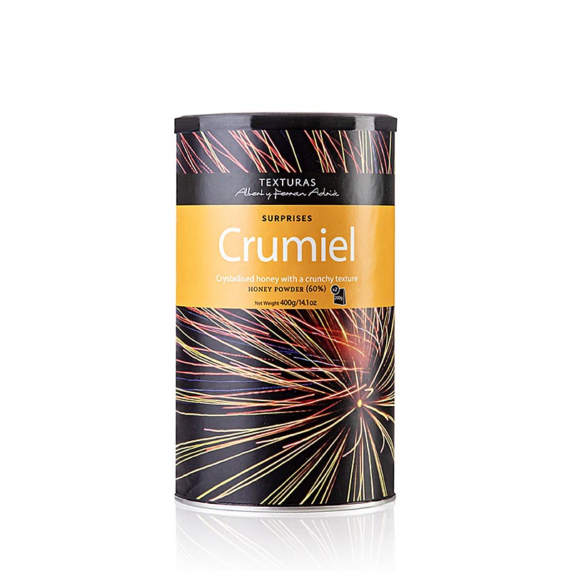 Miel cristallisé produit Crumiel de Texturas Surprises Ferran Adrià, 400 g, avec des possibilités magiques pour les cuisiniers d'utiliser le miel en granulés irréguliers dans des plats sucrés et salés pour créer une structure croustillante unique et des arômes variés.