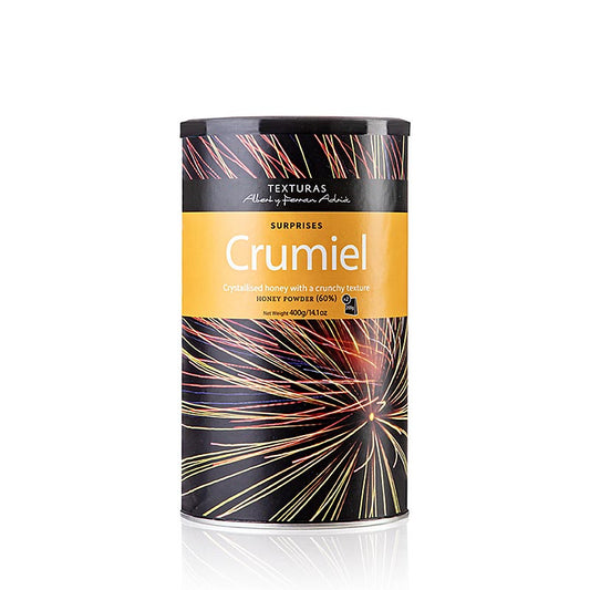 Miel cristallisé produit Crumiel de Texturas Surprises Ferran Adrià, 400 g, avec des possibilités magiques pour les cuisiniers d'utiliser le miel en granulés irréguliers dans des plats sucrés et salés pour créer une structure croustillante unique et des arômes variés.