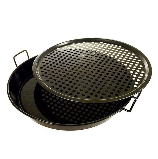 Le set gourmet en 2 parties : poêle universelle et plaque à pizza pour les barbecues à partir de ø 48cm Convient pour les pizzas, risottos, gâteaux, poêlées de légumes, quiches, strudels, pâtisseries apéritives, pain, poissons et légumes En acier émaillé, facile à nettoyer Convient pour les barbecues boule à gaz Outdoorchef