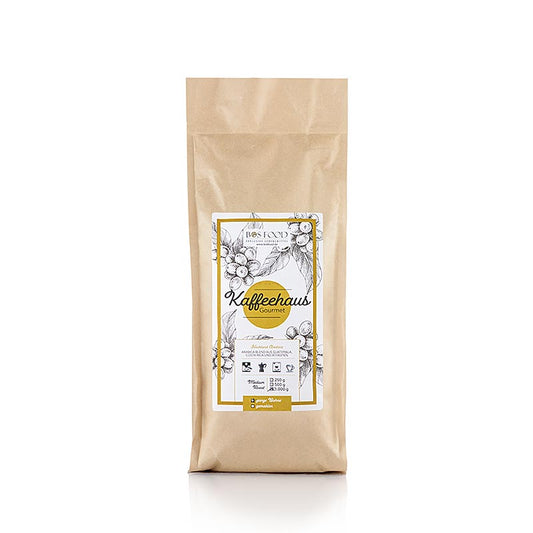 Close-up of 1 kg package of Chef Food Gourmet Kaffeehaus whole bean 100% Arabica coffee (English)