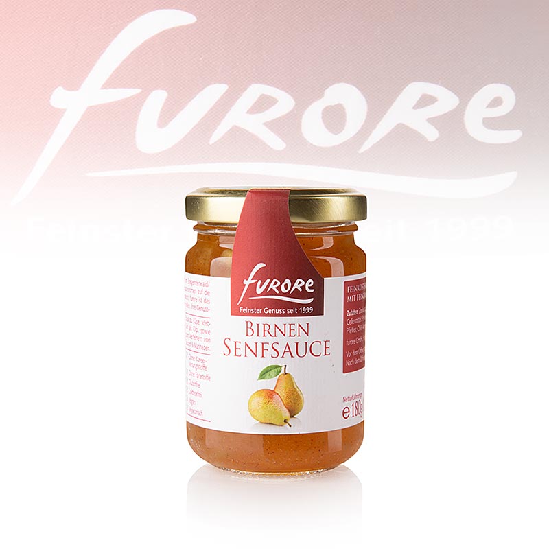 Sauce à la poire et à la moutarde avec morceaux, idéale comme dip et pour assaisonner la viande, le gibier et le poisson, complément parfait au fromage et aux marinades