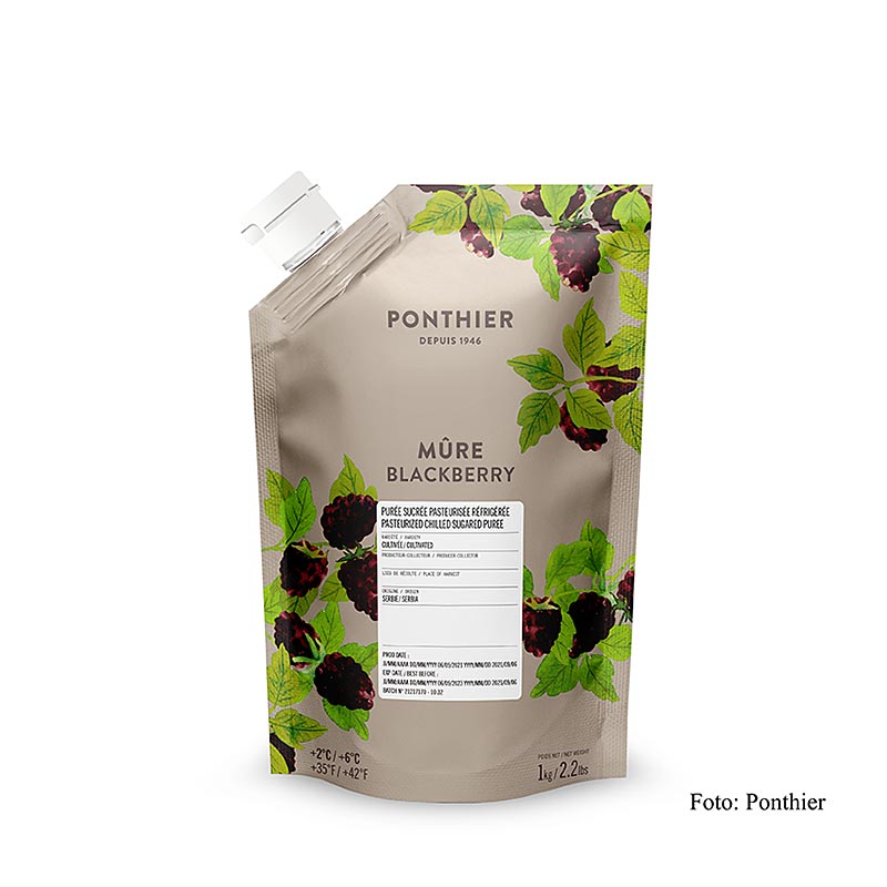 Purée de fruits à la mûre, fabriquée par Ponthier, à la couleur intense et au goût authentique, idéale pour les tartes, les pâtisseries, les desserts ou les glaces.