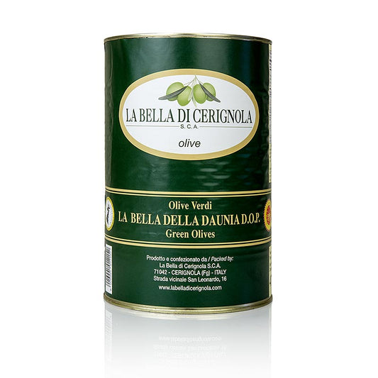 Olives vertes géantes de la variété Bella di Cerignola des Pouilles en saumure, 4,25 kg - cultivées autour de la ville de Cerignola, avec beaucoup de pulpe, une consistance agréable et un goût doux