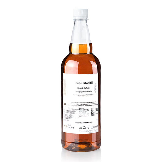Bouteille de pastis - modifié au sel & au poivre, 45% vol, La Carthaginoise, 1 l, sur une table en bois dans une ambiance rustique