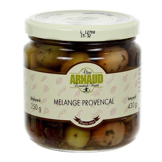 Mélange d'olives Melange Provencal, au thym, en saumure, Arnaud, 430 g - Délicieuses olives provençales en saumure