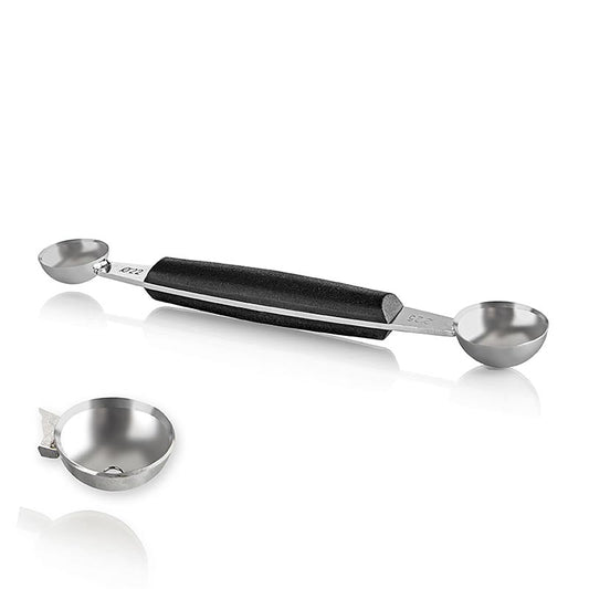 Emporte-pièce boule avec manche en polyamide noir renforcé de fibres de verre et partie en acier inoxydable 18/0 extra-affûtée pour perles/boules de 22 et 25 mm en fruits et légumes