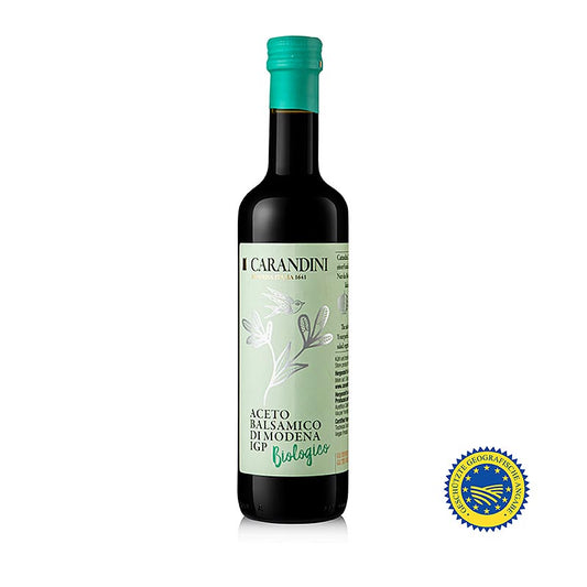 Bouteille de Carandini Aceto Balsamico di Modena Classico ggA, 9 mois BIO, 500 ml, une jeune version bio avec une forte acidité et une nette note balsamique, idéal pour les vinaigrettes et pour déglacer les plats, peut également être utilisé comme vinaigre de vin normal