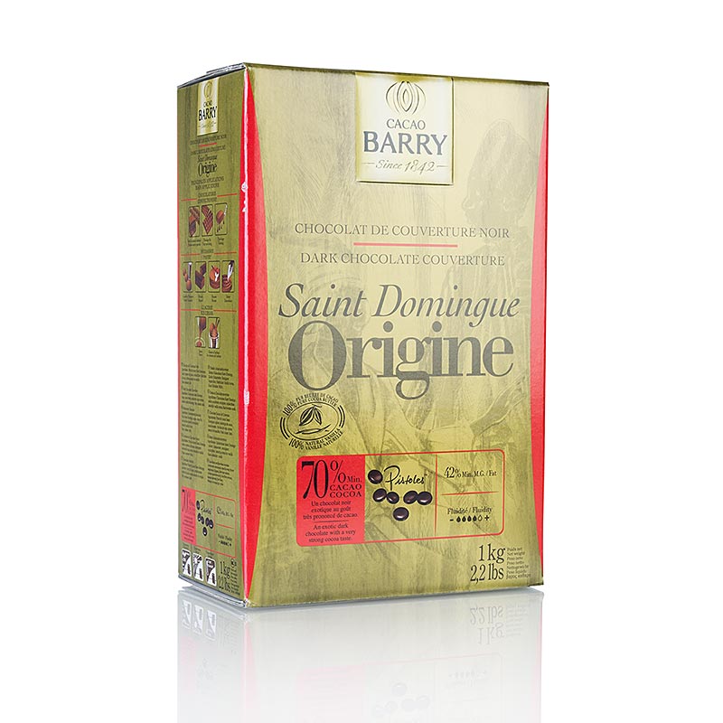 French : Image d'un 1 kg de pastilles de chocolat noir à 70% de cacao, de la marque Origine Santo Domingo