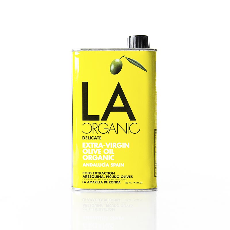 Huile d'olive extra vierge biologique d'Andalousie, produite à partir d'olives Arbequina, douce et fruitée avec un goût d'olive intense, acidité maximale de 0,2%.