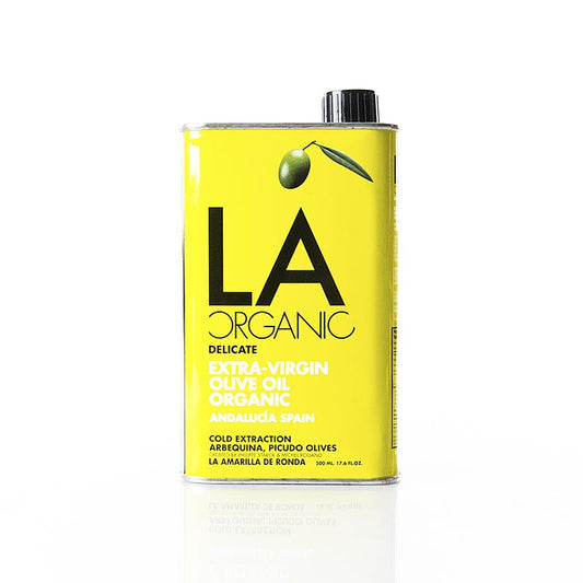 Huile d'olive extra vierge biologique d'Andalousie, produite à partir d'olives Arbequina, douce et fruitée avec un goût d'olive intense, acidité maximale de 0,2%.