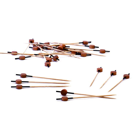 Pics en bois avec extrémité teintée en noir et disque de couleur bois, 9 cm de long, adaptés aux présentations de nourriture et aux événements de restauration