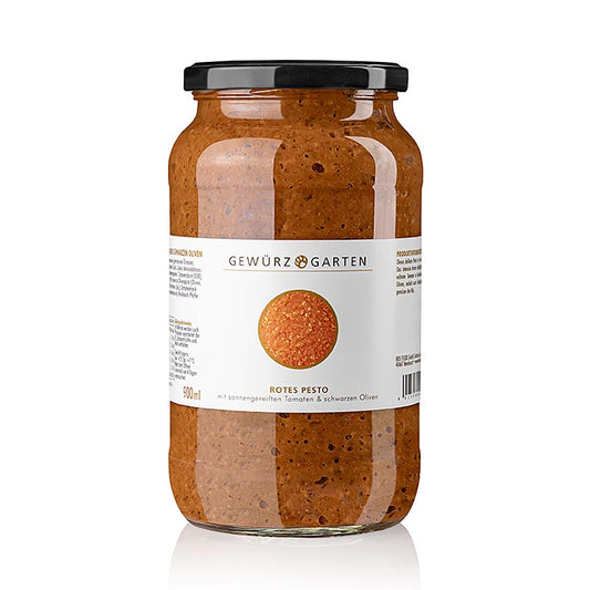 Pesto rouge aux tomates mûries au soleil et aux olives noires, idéal pour les amateurs de pâtes et pour une utilisation dans les plats de tomates et les légumes au wok.