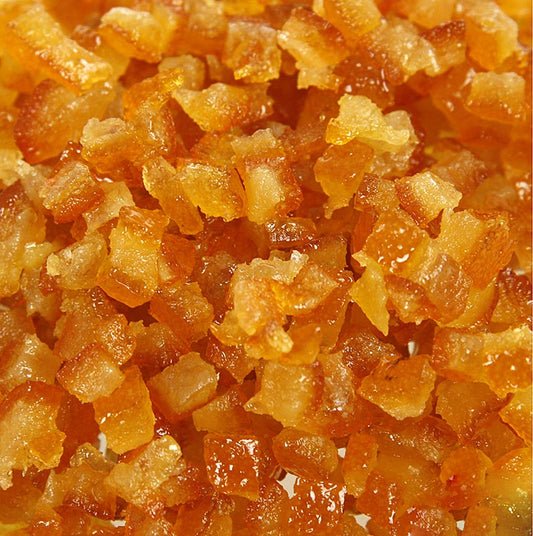 Orangeat, écorce d'orange confite, finement coupée en dés, 6mm, Corsiglia Facor, 2,5 kg - Fruits confits authentiques de haute qualité pour les ingrédients de pâtisserie Orange vif avec un goût doux, aromatique et amer