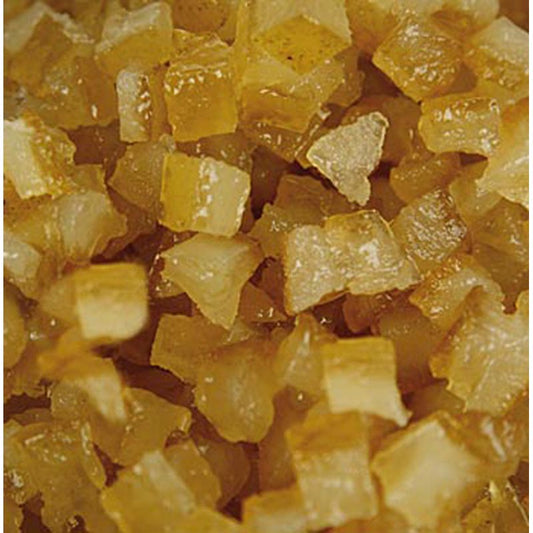 Zeste de citron confit de Corsiglia Facor, de qualité supérieure et semi-doux, idéal pour les petits gâteaux et la pâtisserie de Noël.