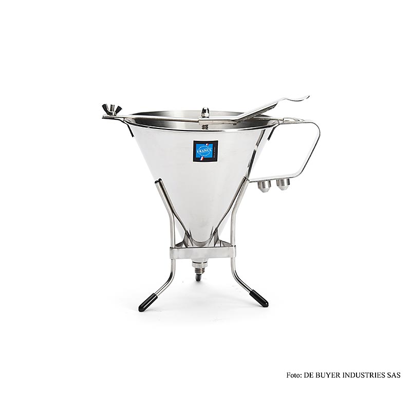 Entonnoir robuste en acier inoxydable d'une capacité de 1,9 litre, avec pied et 3 buses différentes (4, 6 et 8 mm) pour remplir les tartelettes et répartir les sauces dans les assiettes Convient pour le lave-vaisselle, Ø18 cm