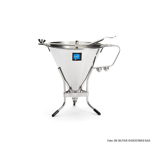 Entonnoir robuste en acier inoxydable d'une capacité de 1,9 litre, avec pied et 3 buses différentes (4, 6 et 8 mm) pour remplir les tartelettes et répartir les sauces dans les assiettes Convient pour le lave-vaisselle, Ø18 cm