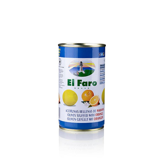 Olives vertes farcies à la pâte d'orange, dénoyautées, en saumure, 350 g, El Faro - Un plaisir unique pour les amateurs d'olives, parfaites comme en-cas ou pour agrémenter les plats, à acheter en Suisse