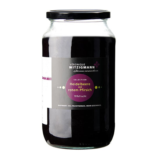 Pâte à tartiner aux myrtilles et à la pêche rouge, 1 kg - Un délice estival avec l'équilibre parfait entre la pêche rouge acidulée et la myrtille sucrée, cuisiné à la main par Véronique Witzigmann