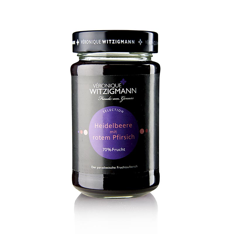 Pâte à tartiner aux myrtilles et à la pêche rouge - pot de 225 g, cuisinée à la main avec les meilleurs fruits et épices de Véronique Witzigmann