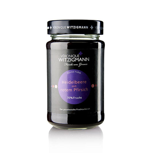 Pâte à tartiner aux myrtilles et à la pêche rouge - pot de 225 g, cuisinée à la main avec les meilleurs fruits et épices de Véronique Witzigmann