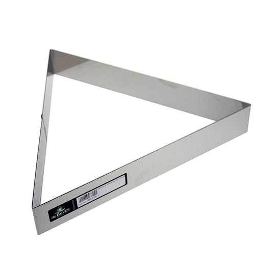 Cadre triangulaire en acier inoxydable avec une longueur de côté de 30 cm et une hauteur de 4,5 cm, idéal pour découper et dresser les plats