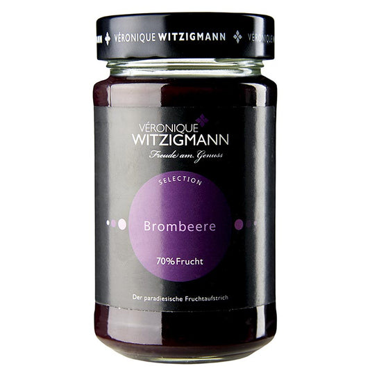 Pâte à tartiner aux fruits, mûre, 225 g - cuite à la main avec une note épicée de cannelle et de sirop de fleurs de sureau, fabriquée par Véronique Witzigmann
