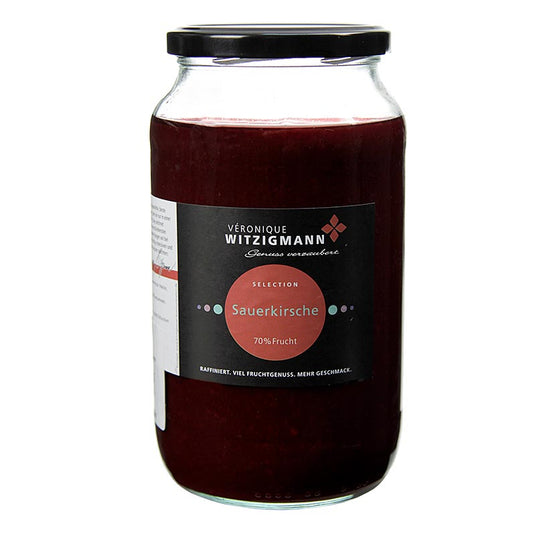 Pâte à tartiner aux griottes, 1 kg : pâte à tartiner artisanale à base de fines griottes croquantes, soigneusement sélectionnées et transformées par Véronique Witzigmann pour un goût et une qualité exceptionnels.