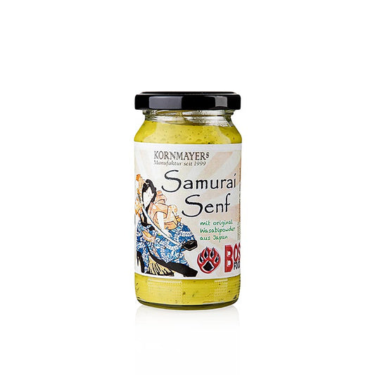 Kornmayer Moutarde Samouraï, au wasabi et aux herbes, 210 ml, moutarde forte au wasabi japonais et aux herbes aromatiques dans une bouteille pratique de 210 ml