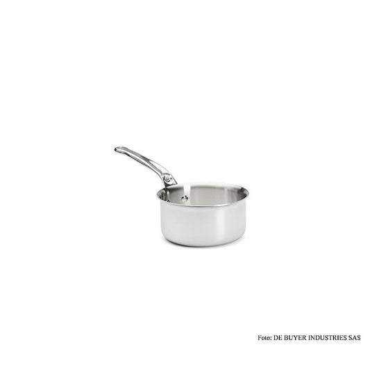 Casserole de la série Affinity deBUYER d'une contenance de 1,2 litre, adaptée à tous les types de cuisinières L'acier inoxydable et l'aluminium garantissent les meilleures propriétés de cuisson et une répartition homogène de la chaleur