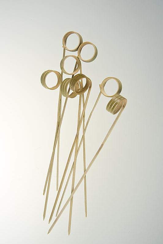 Piques en bambou de 12 cm de long avec extrémité en anneau pour une prise en main facile, fabriquées en bois de bambou fin