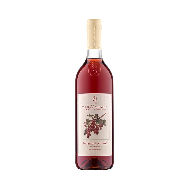 Van Nahmen - Roter Johannisbeerennektar, 35% Direktsaft, 750 ml : Nectar de groseille rouge traditionnel avec 35% de jus direct, produit dans la cidrerie et l'entreprise privée de vinification van Nahmen à Hamminkeln en Rhénanie, selon une ancienne tradition du 14ème siècle, sans additifs et avec un accent particulier sur l'utilisation d'anciennes variétés de fruits pour préserver les variétés de culture traditionnelles.