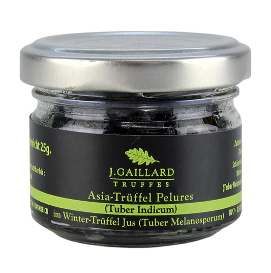 Asia Truffes Pelures, Coquilles/disques de truffes, dans un jus de truffes d'hiver, Gaillard, 30 g - Produit pour aromatiser les sauces, les morceaux de truffes doivent être préalablement étuvés dans de l'huile d'olive