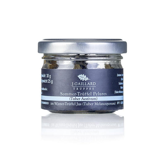 Truffes d'été Pelures, coques/disques de truffes, dans le jus de truffes d'hiver, Gaillard, 30 g - Convient pour aromatiser les sauces, morceaux de truffes préalablement étuvés dans l'huile d'olive