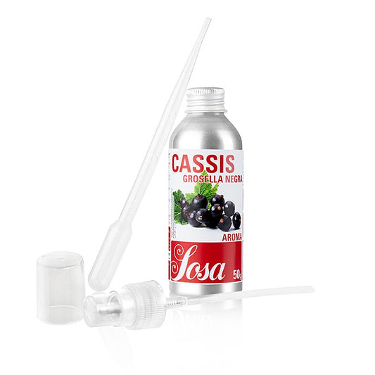 Arôme cassis, liquide, 50 g - Huile aromatisée de qualité supérieure pour pâtisserie, goût intense, 0,2 g/kilo de masse Livrée avec pipette et dispositif de pulvérisation