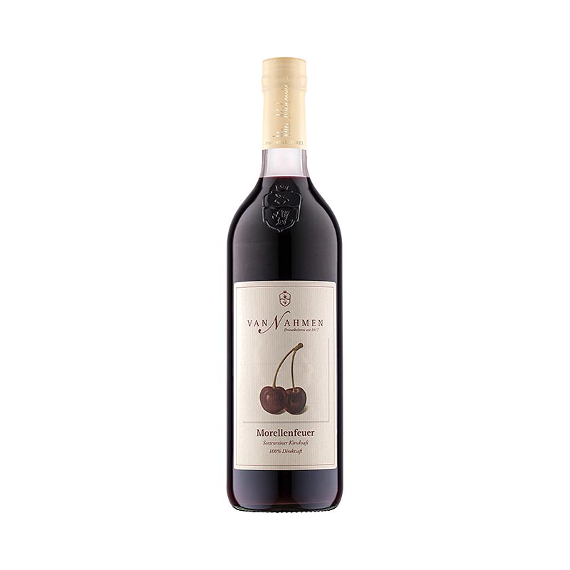 Bouteille de 750 ml de van van Nahmen - Jus de cerises acides Morellenfeuer, 100% pur jus, fabriqué à partir de cerises Morellenfeuer triées à la main par le domaine fruitier von Danwitz, Mönchengladbach, sans conservateurs ni arômes, en utilisant des variétés de fruits anciennes pour préserver les variétés de culture traditionnelles.