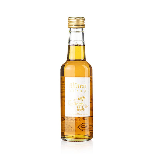 Sirop de fleurs de châtaignier blanc, 1:10, BIO, 250 ml - Sirop de fleurs millésimé à base de fruits jaunes bien mûrs, d'amandes douces, de raisins secs, de zeste de citron, de biscuit, frais et acide, de coing, de fruits secs, de melon sucré, idéal pour diluer, affiner le vin mousseux, pour accompagner les desserts, le yaourt de la Saint-Jean, les céréales, les fruits frais, récolté à la main par la Deutsche Blütensekt Manufaktur et transformé à partir de cueillette, sans sucre.