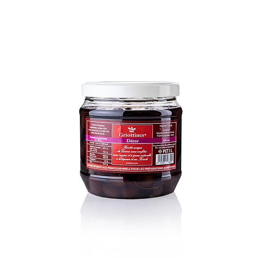 Cerises acides semi-confites avec queue décorée de griottines, idéales pour décorer la cuisine, la pâtisserie et le bar, fabriquées par les Distilleries françaises Peureux