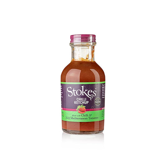Stokes Chili Ketchup, fruité & épicé, 249 ml - La photo du produit montre la bouteille de ketchup au chili fruité et épicé de Stokes, aux ingrédients naturels et au goût primé aux Great Taste Awards