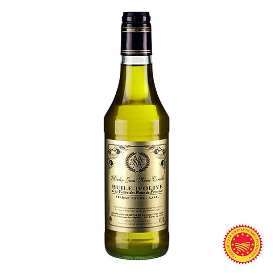 Huile d'olive vierge de la Vallée des Baux, produite à partir d'olives Salonenque, Beruguette, Grossane, Picholine et Verdale, élaborée de manière traditionnelle et aux arômes doux et mûrs, idéale pour les salades, les fromages de chèvre et les plats méditerranéens.